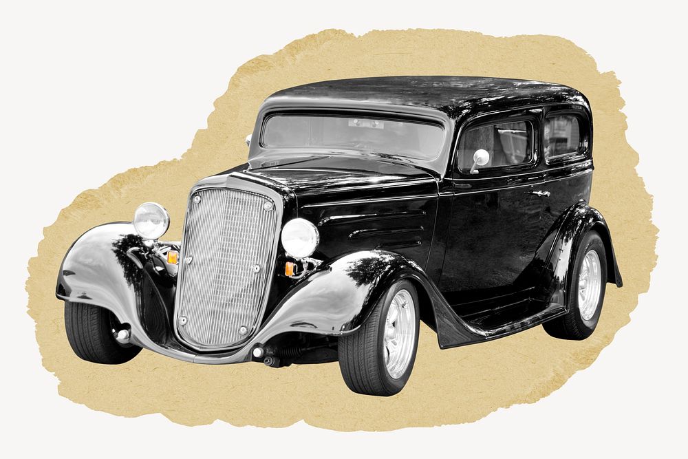 Vintage black car, transportation concept, ripped paper design