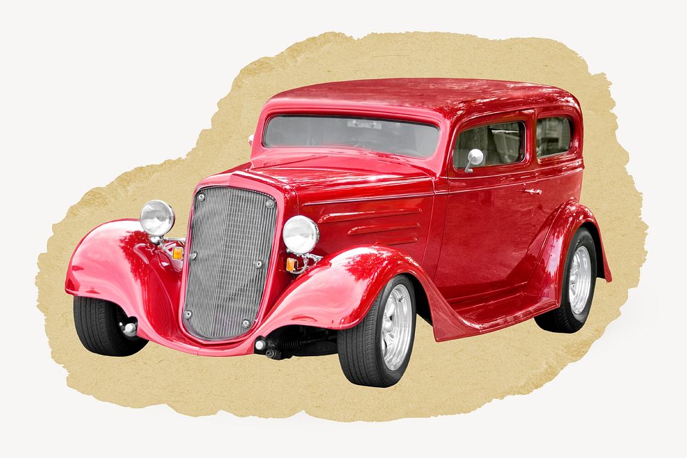 Antique red car, transportation concept, ripped paper design