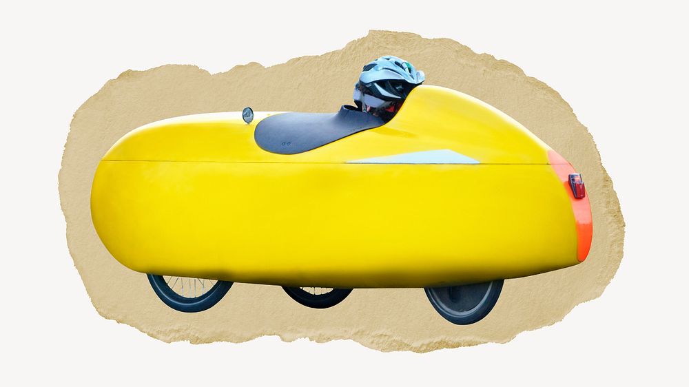 Yellow velomobile, transportation concept, ripped paper design