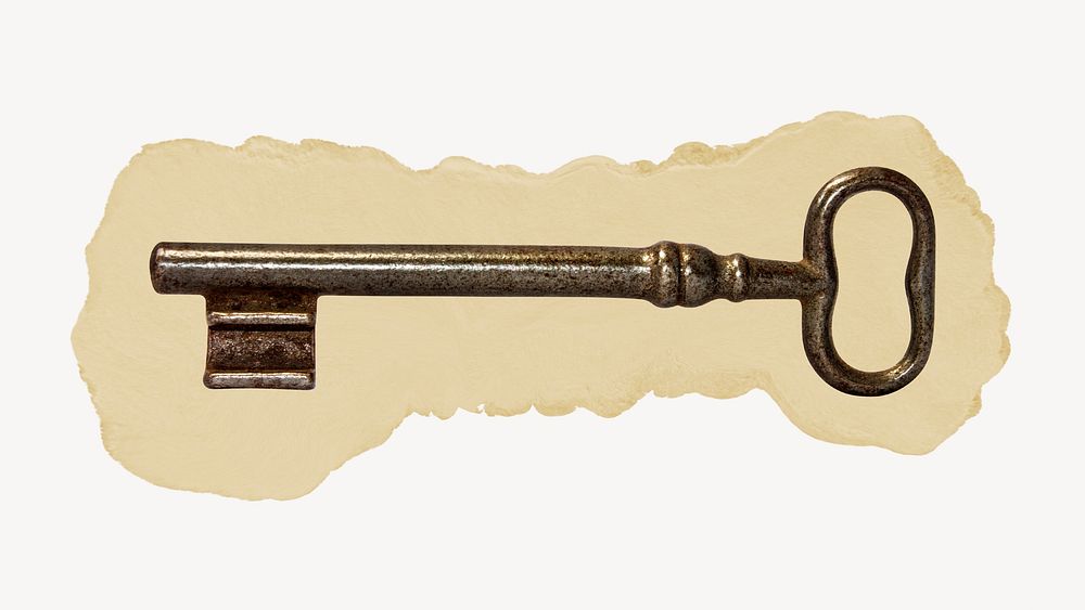 Antique key, ripped paper collage element