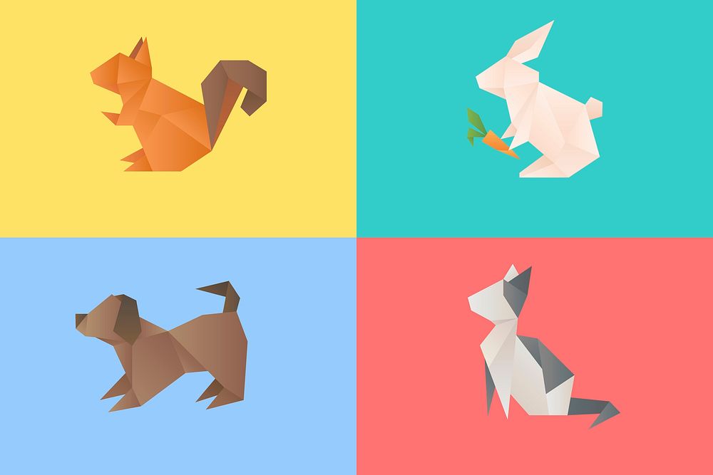 Colorful animals vector origami craft cut out set