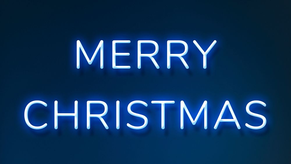 Merry Christmas neon word typography on a blue background