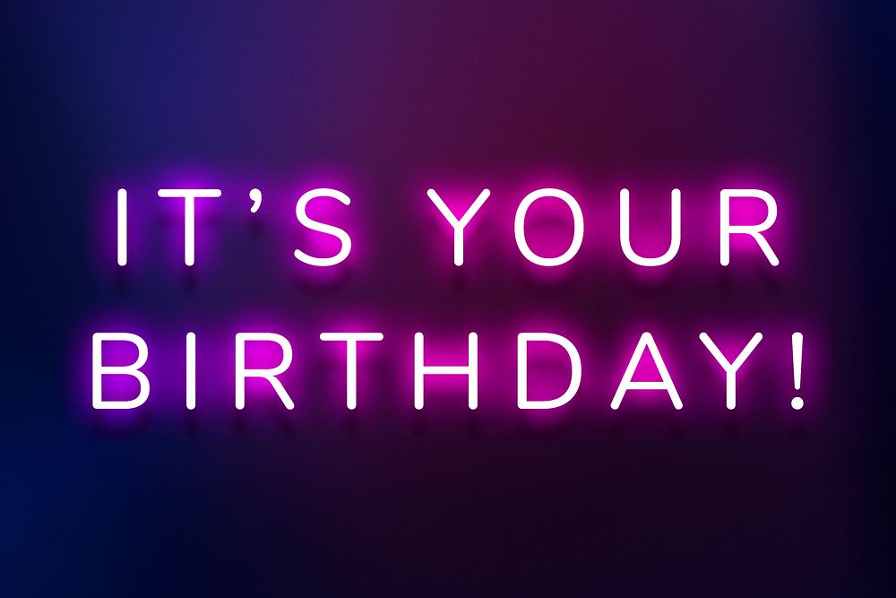 Glowing it's your birthday neon typography on a dark purple background