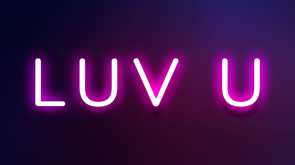 Glowing luv u neon typography on a purple background