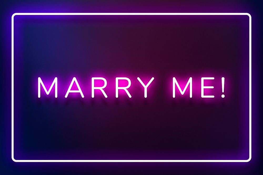 Glowing Marry me neon typography on a dark purple background