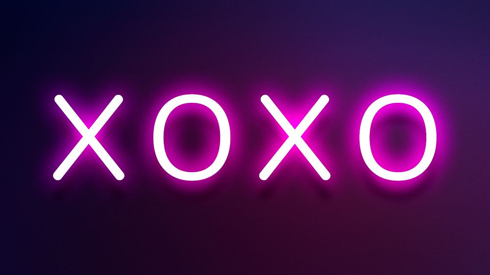 Glowing XOXO neon typography on a dark purple background