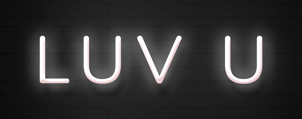 Glowing luv u neon typography on a black background