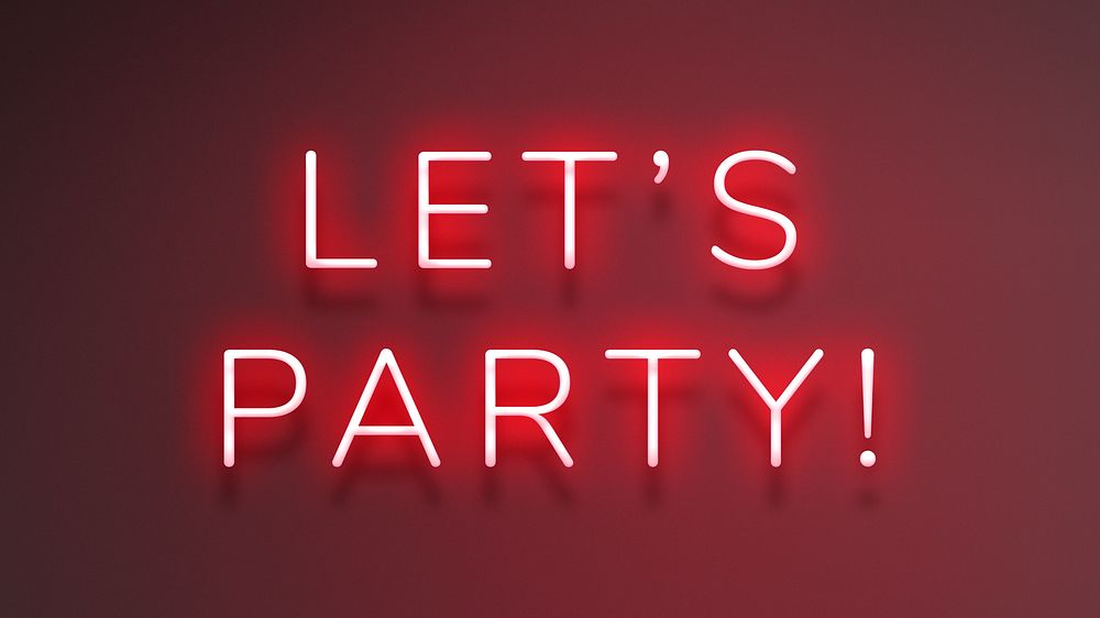 Glowing Let's party neon typography on a red background