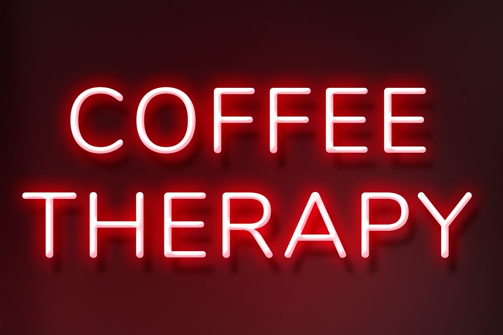 Retro coffee therapy phrase red neon typography
