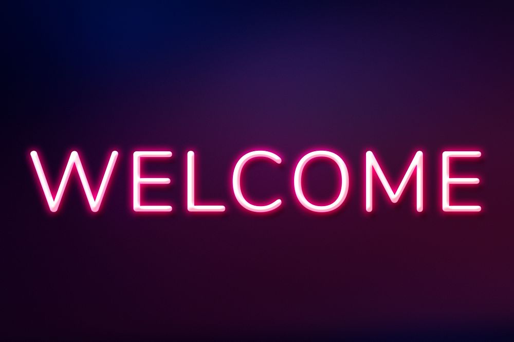 Glowing welcome word purple neon typography