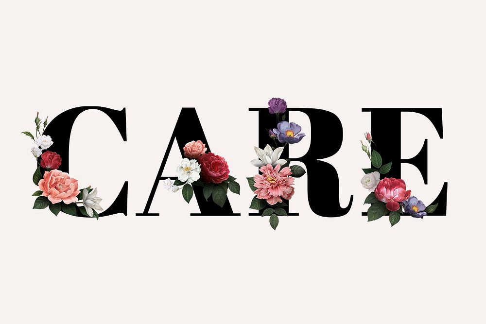 Floral care word typography on a beige background