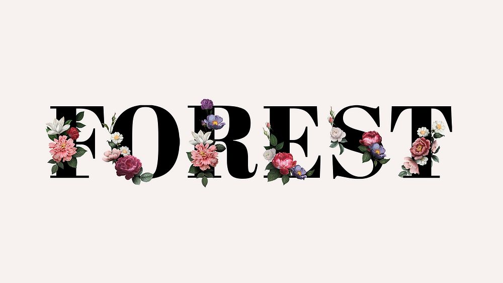 Floral forest word typography on a beige background