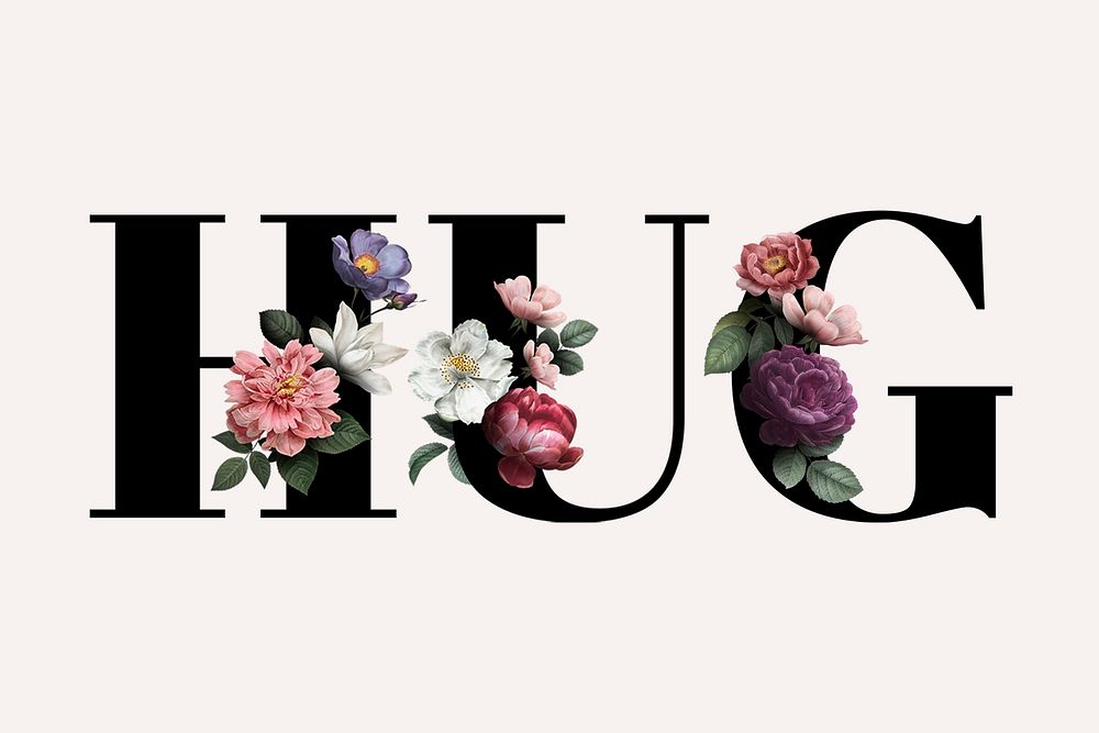 Floral hug word typography on a beige background