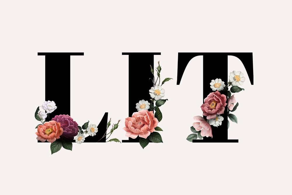 Floral lit word typography on a beige background