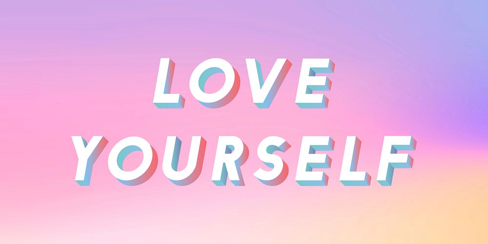 Isometric word Love yourself typography on a pastel gradient background vector