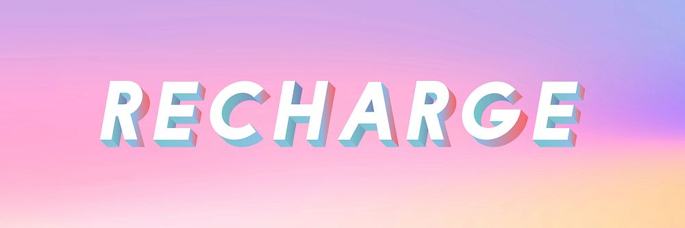 Isometric word Recharge typography on a pastel gradient background vector