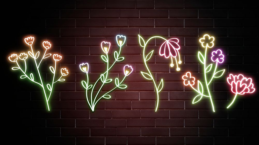 Neon wild flowers psd glowing botanical doodle collection