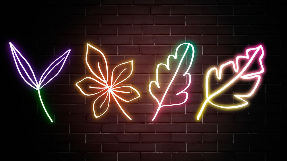 Neon sign leaves glowing botanical doodle set