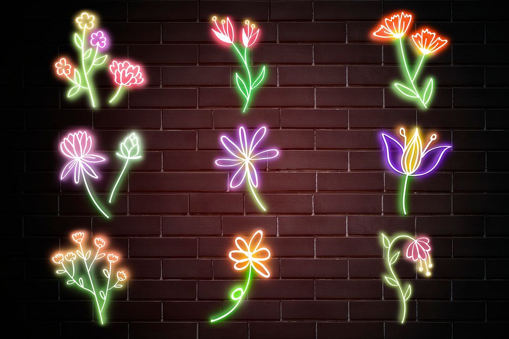 Blooming flowers psd neon sign doodle hand drawn mixed