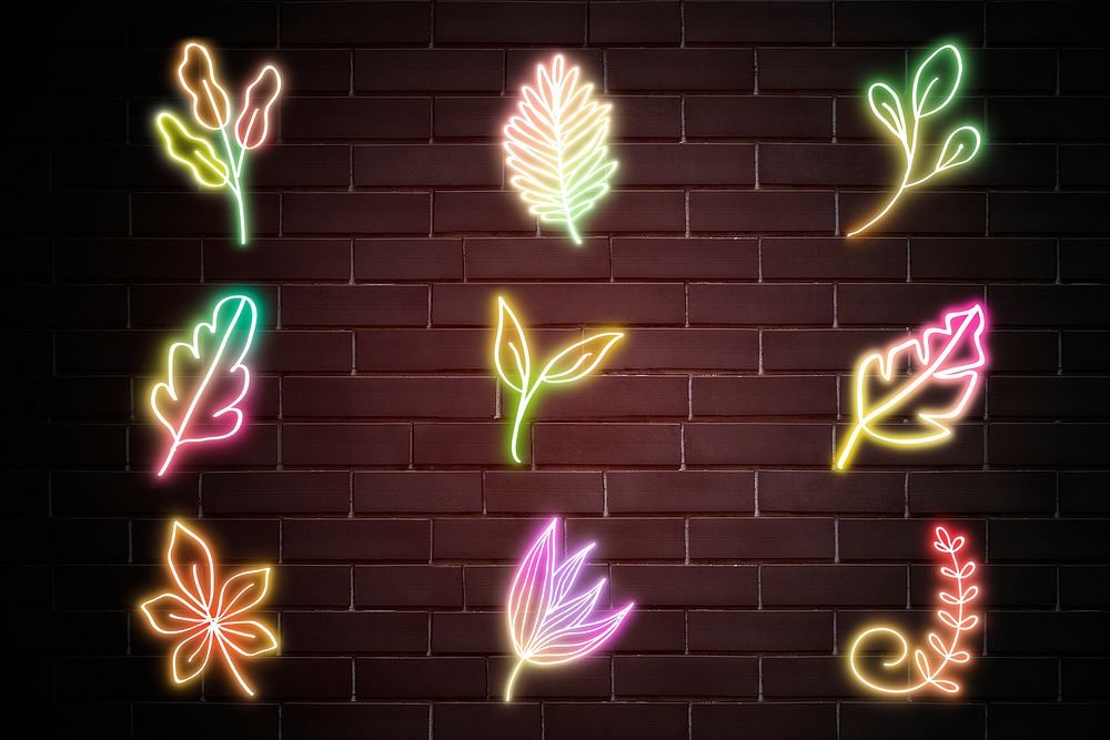 Glowing leaves neon sign psd hand drawn mixed