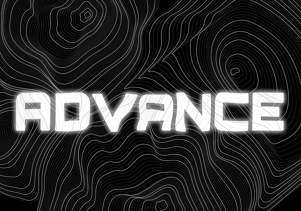 White neon advance word topographic typography on a black background