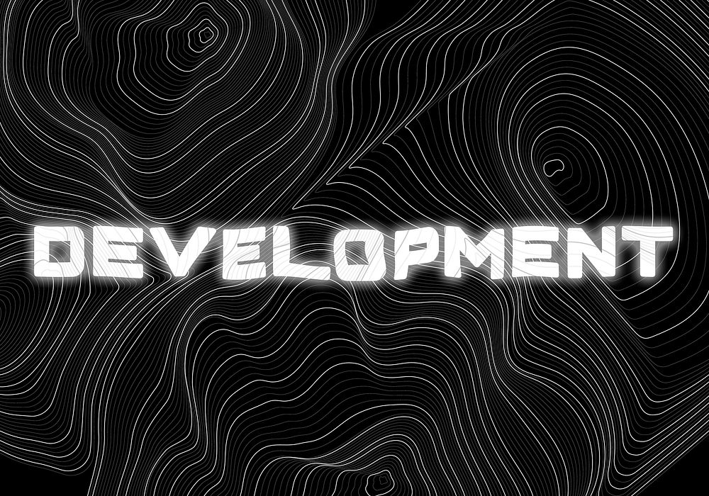 White neon development word topographic typography on a black background