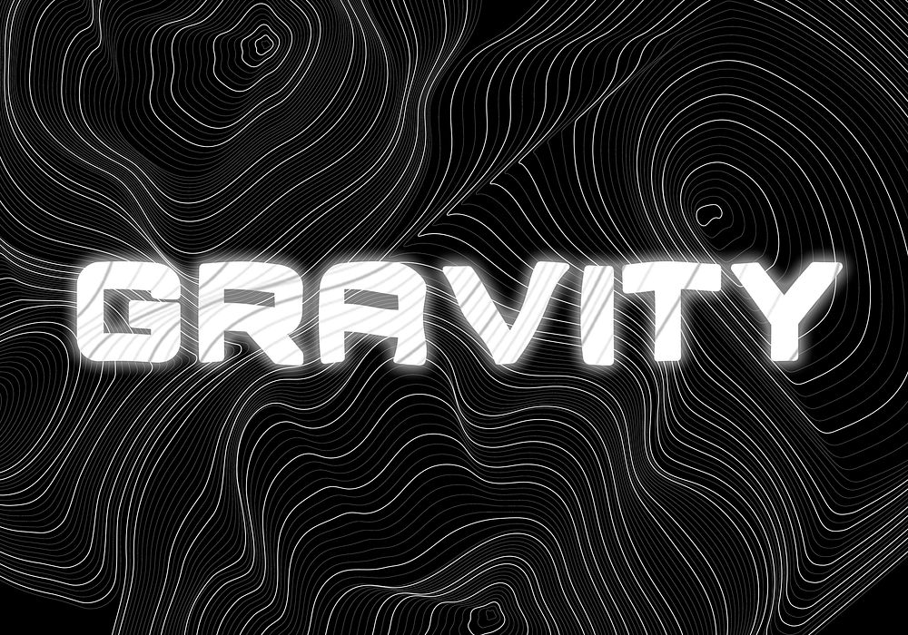 White neon gravity word topographic typography on a black background