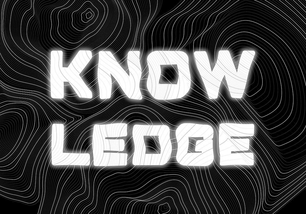 White neon knowledge word topographic typography on a black background