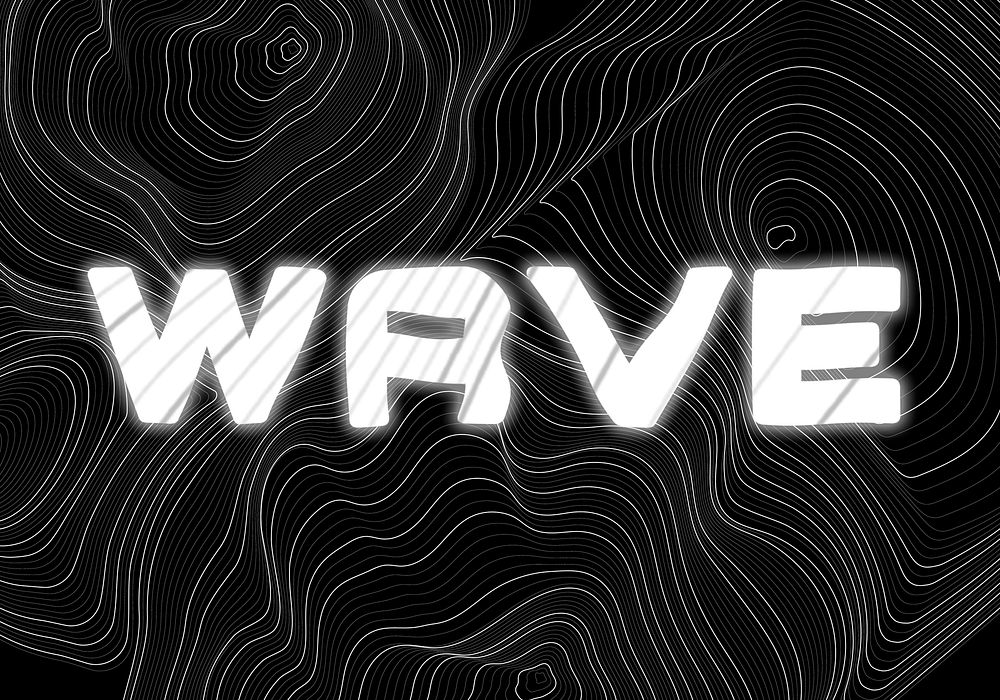White neon wave word topographic typography on a black background