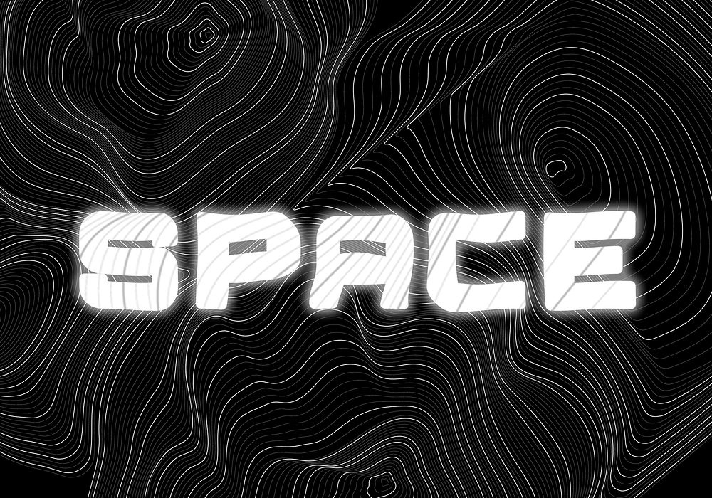 White neon space word topographic typography on a black background