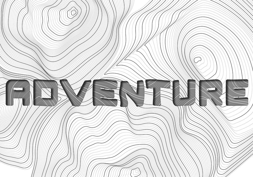 Dark gray adventure word typography on a white topographic background