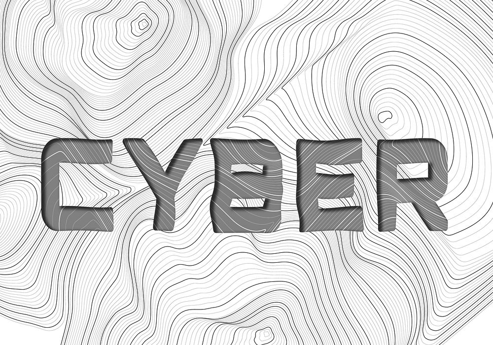 Dark gray cyber word typography on a white topographic background