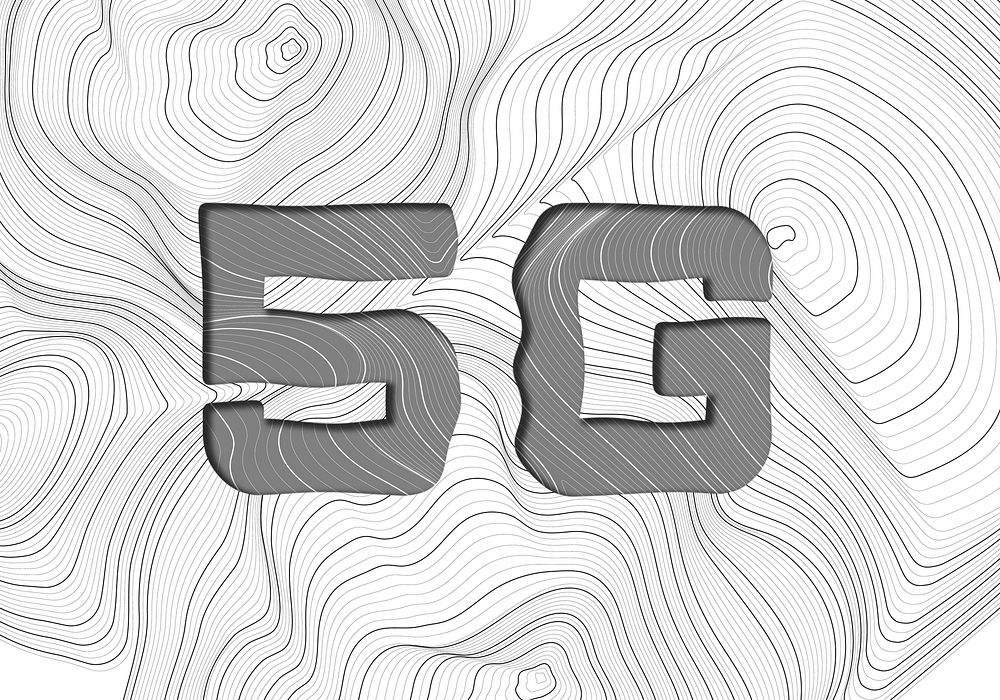 Dark gray 5G word typography on a white topographic background