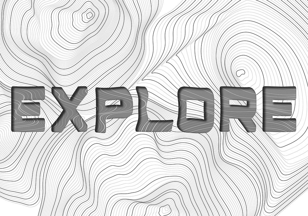 Dark gray explore word typography on a white topographic background