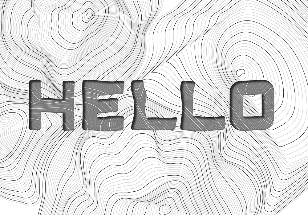 Dark gray hello word typography on a white topographic background