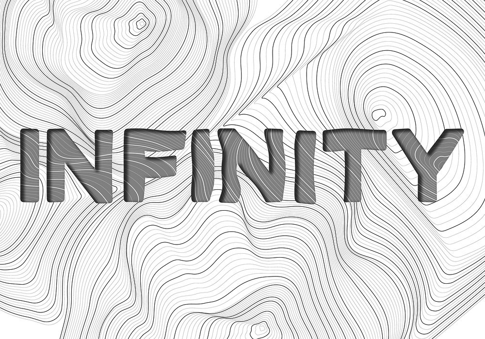 Dark gray infinity word typography on a white topographic background