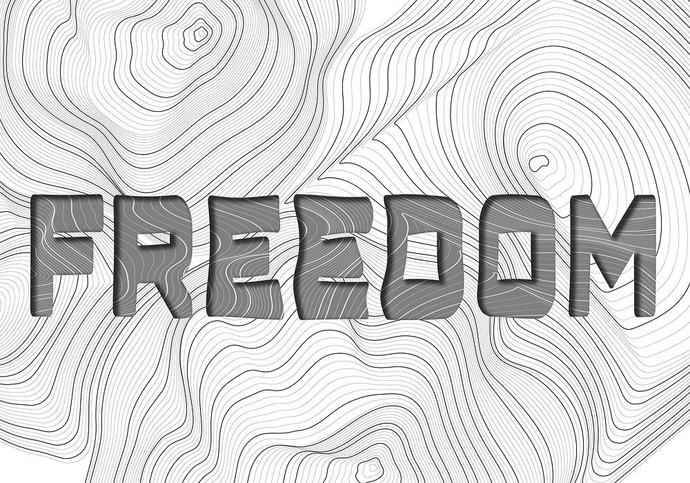 Dark gray freedom word typography on a white topographic background