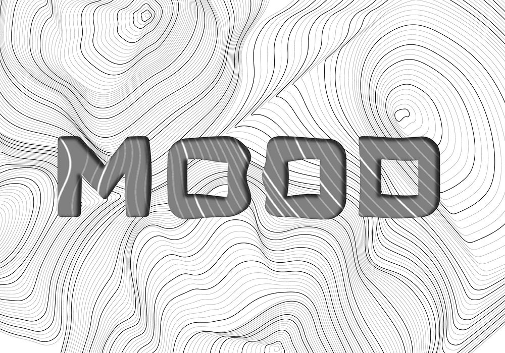 Dark gray mood word typography on a white topographic background