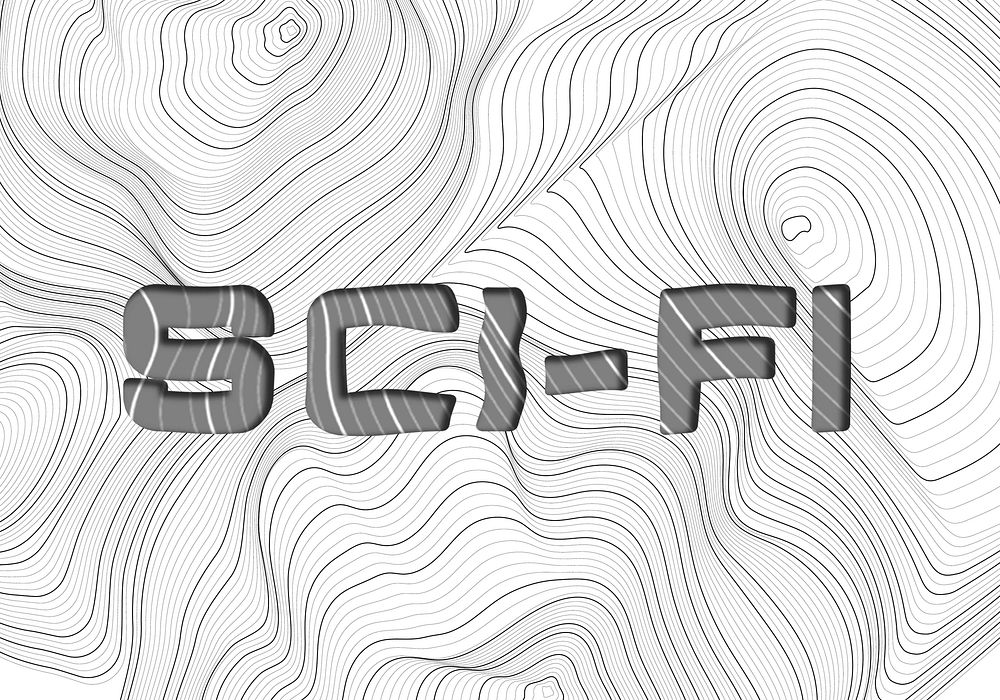 Dark gray sci-fi word typography on a white topographic background