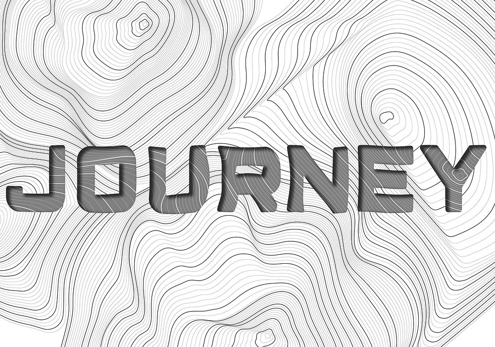 Dark gray journey word typography on a white topographic background