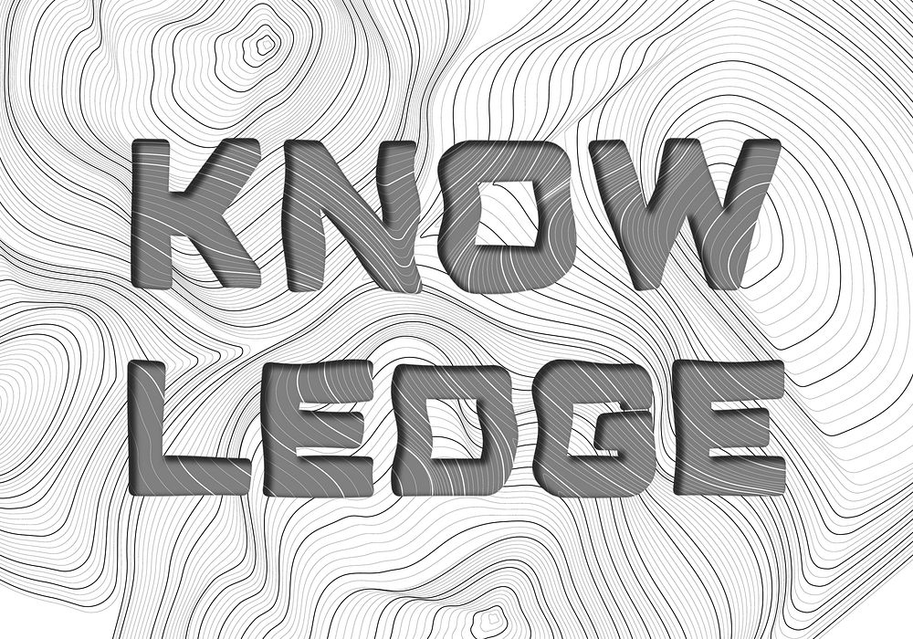 Dark gray knowledge word typography on a white topographic background