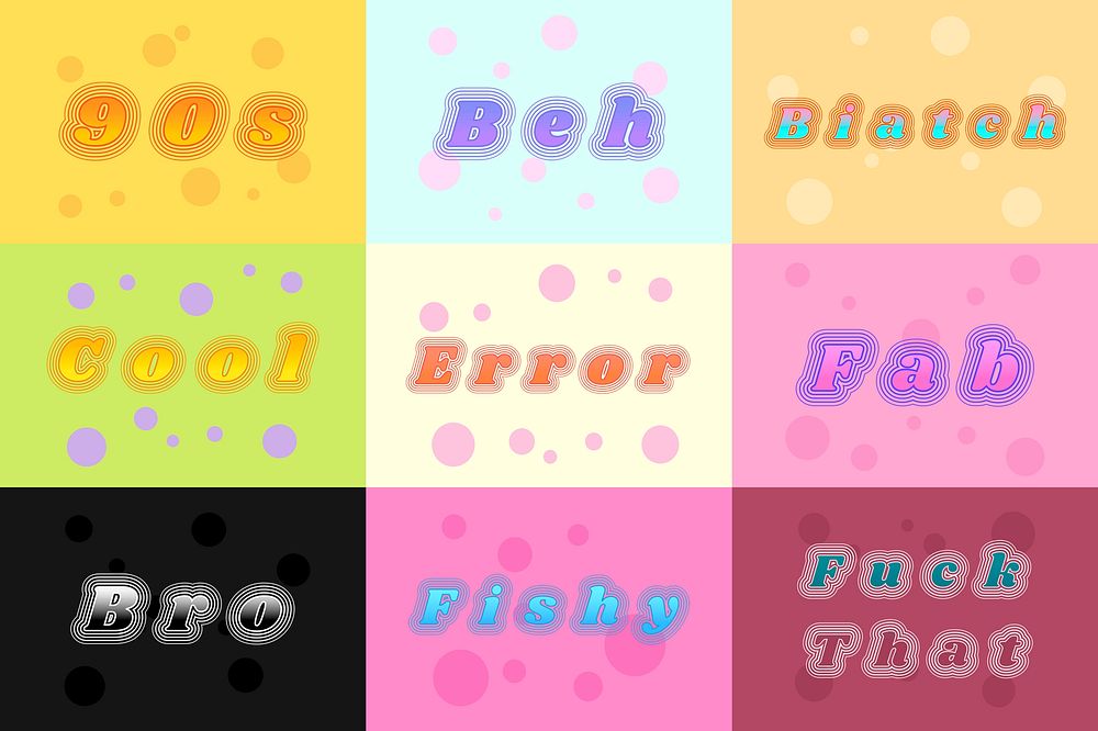 Nine word funky psd typography set