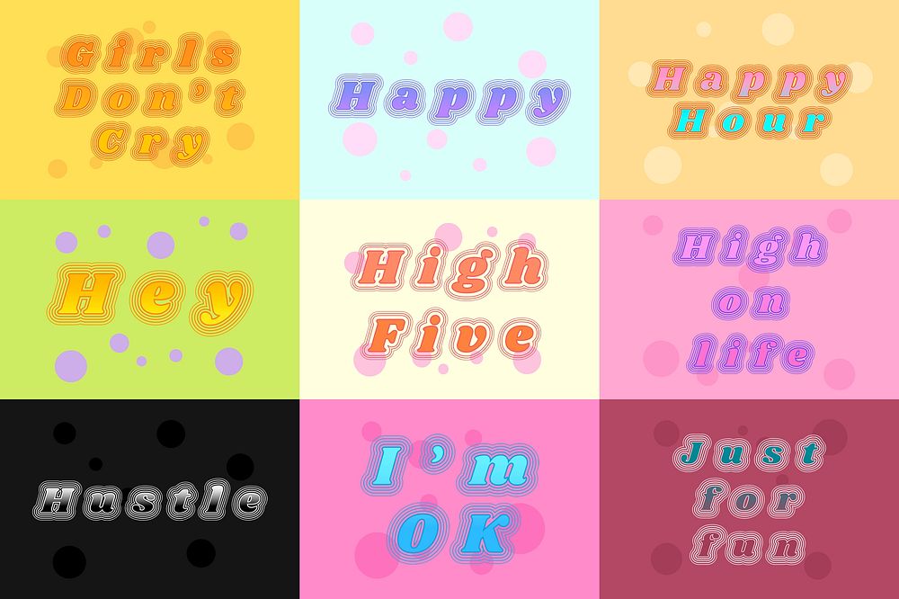 Colorful inspirational funky psd typography set