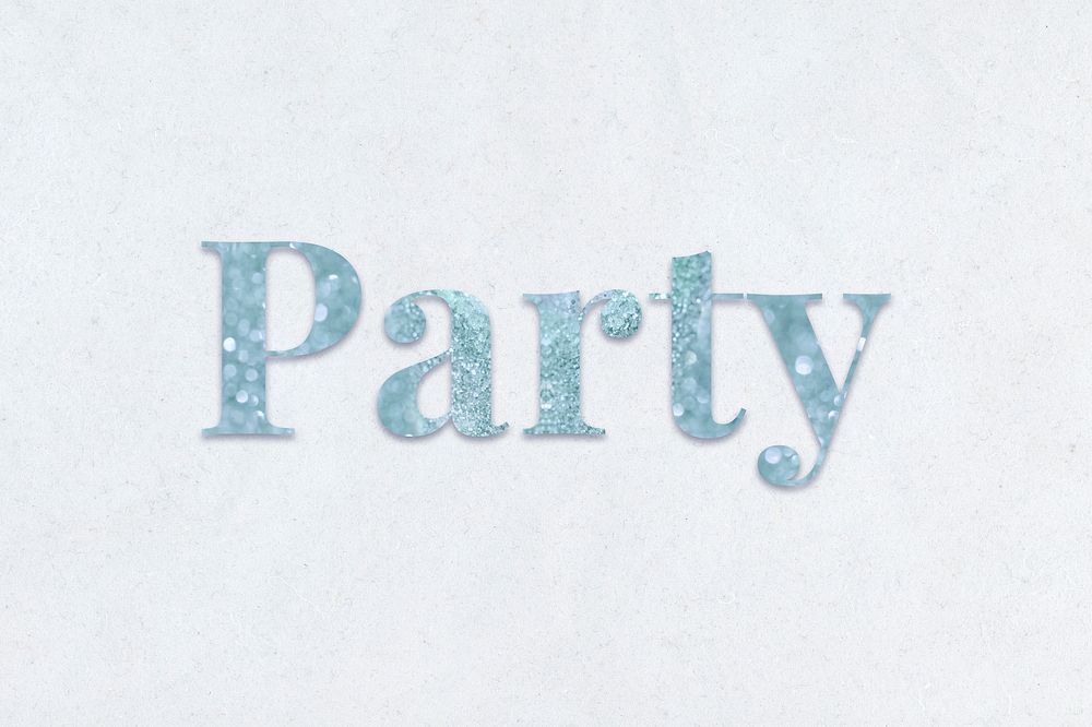 Party light blue glitter typography on a blue background
