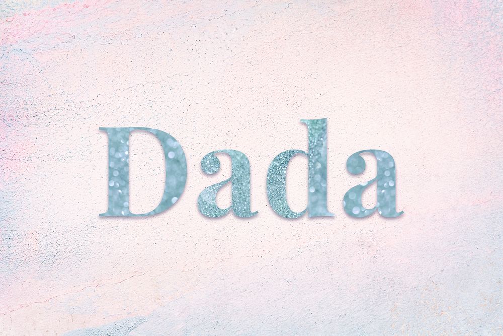 Glittery dada light blue font on a pastel background