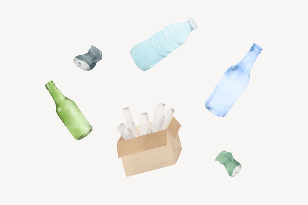 Recyclable bottles collage element, watercolor design psd