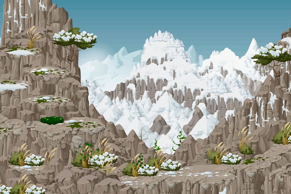 Snowy mountain background, Glitch game illustration. Free public domain CC0 image.