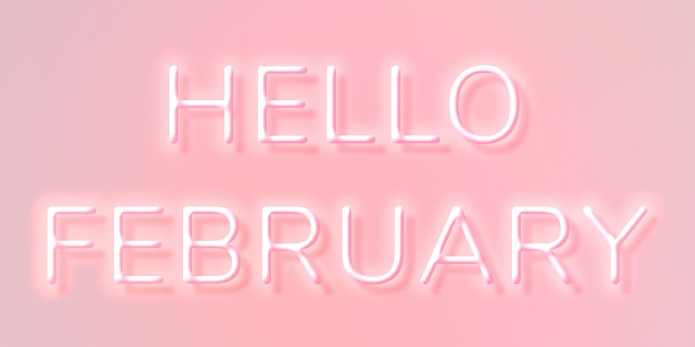 Glowing pink neon Hello February typography