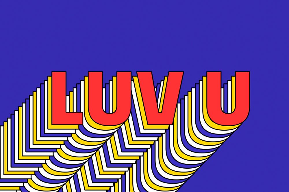 LUV U layered word retro typography on blue