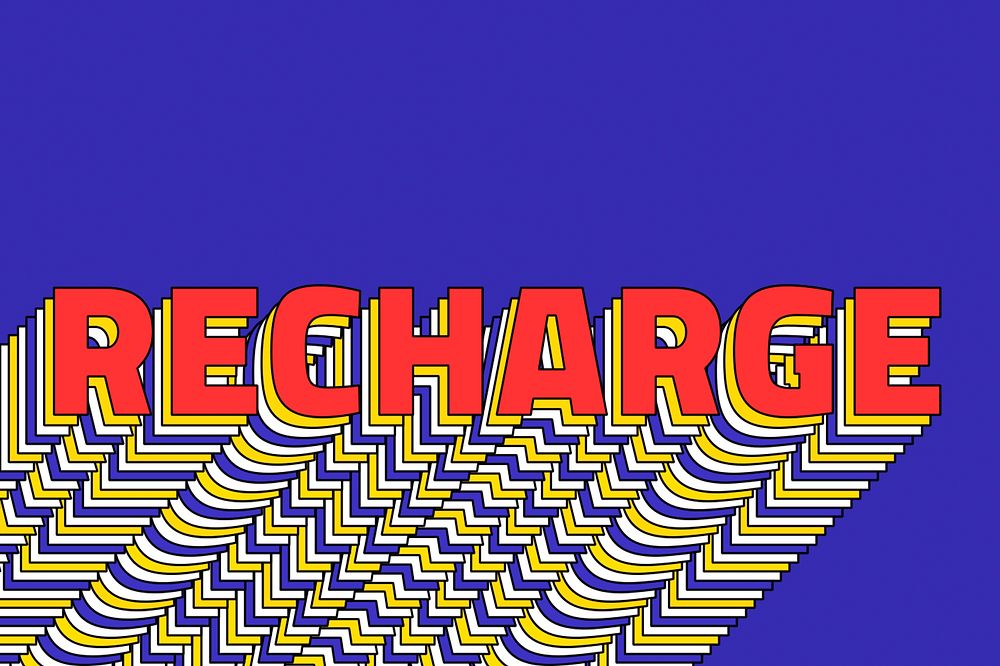 RECHARGE layered word retro typography on blue